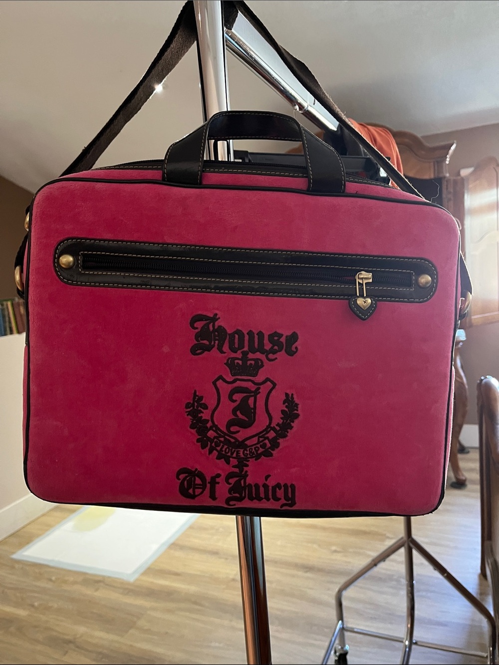 Juicy Couture Hot Pink Suede laptop Bag with Black Trim